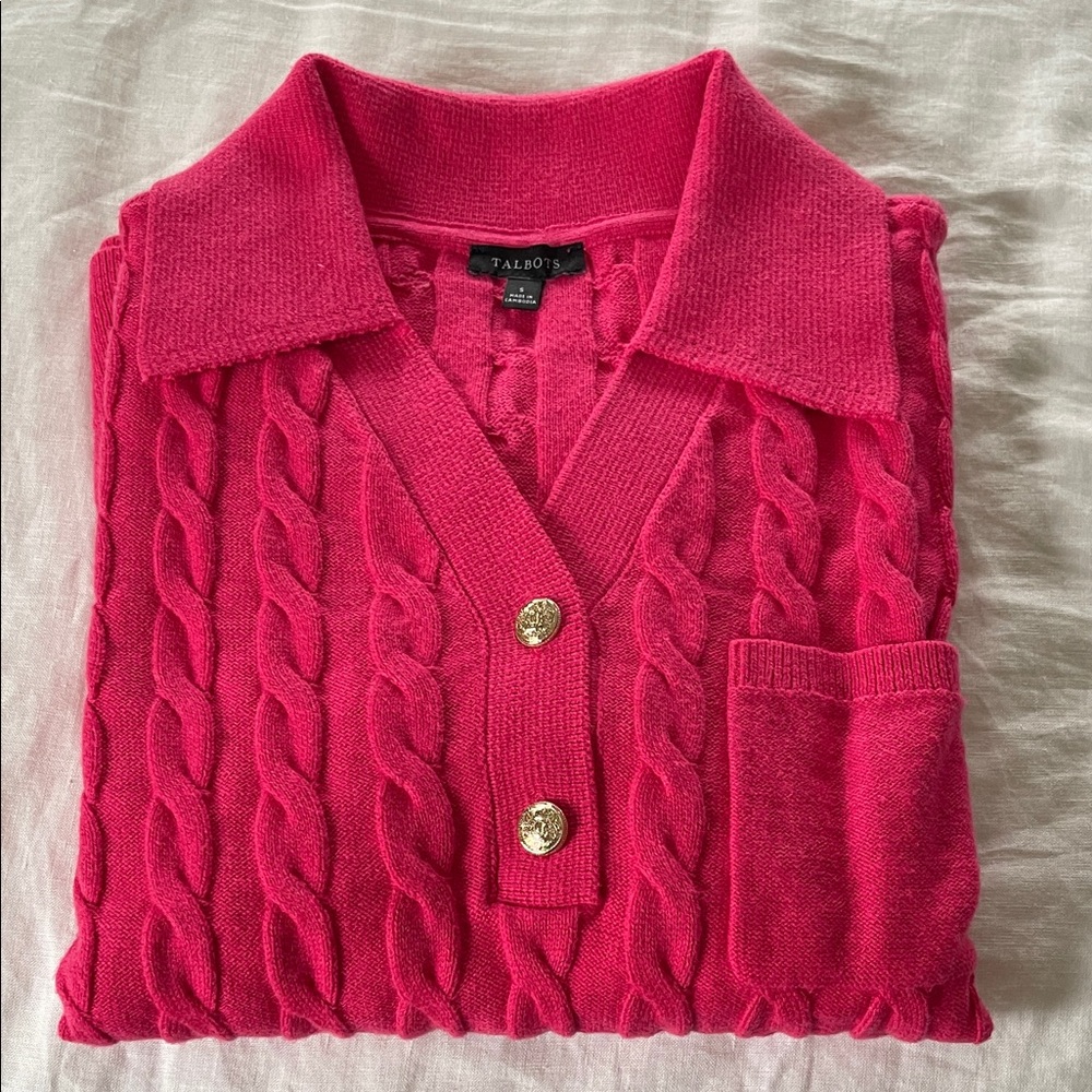 Talbots Hot Pink Cable-Knit Polo Sweater with Gold Buttons
